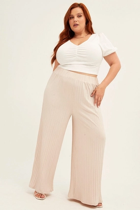Beige Wide Leg Pants High Rise Minimalist Waist Multi Pocket System