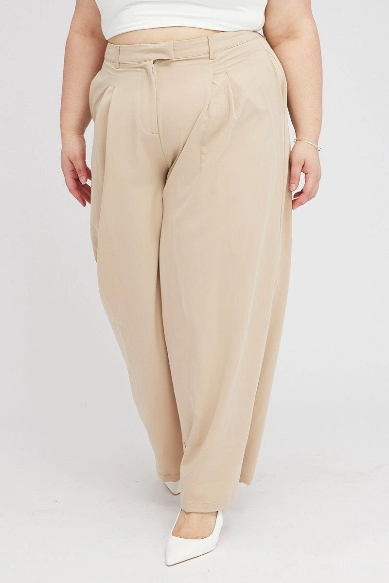 wrinkle free Multi Pocket Configuration Beige Wide Leg Pants Tailored