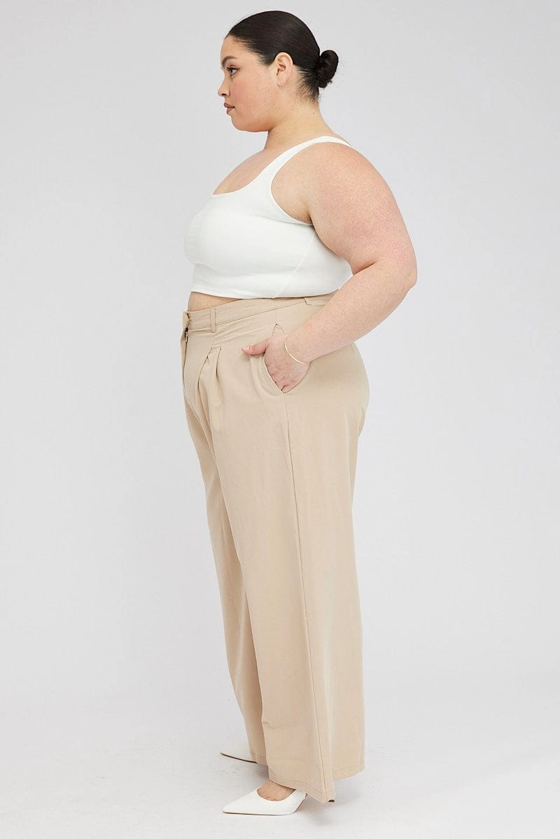Water Resistant Finish Mesh Panel Beige Wide Leg Pants Tailored