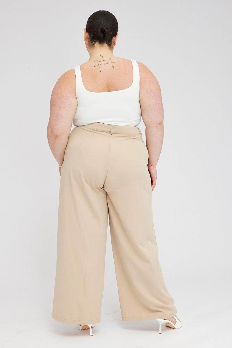 Easy Stretch Fit Active Performance Beige Wide Leg Pants Tailored