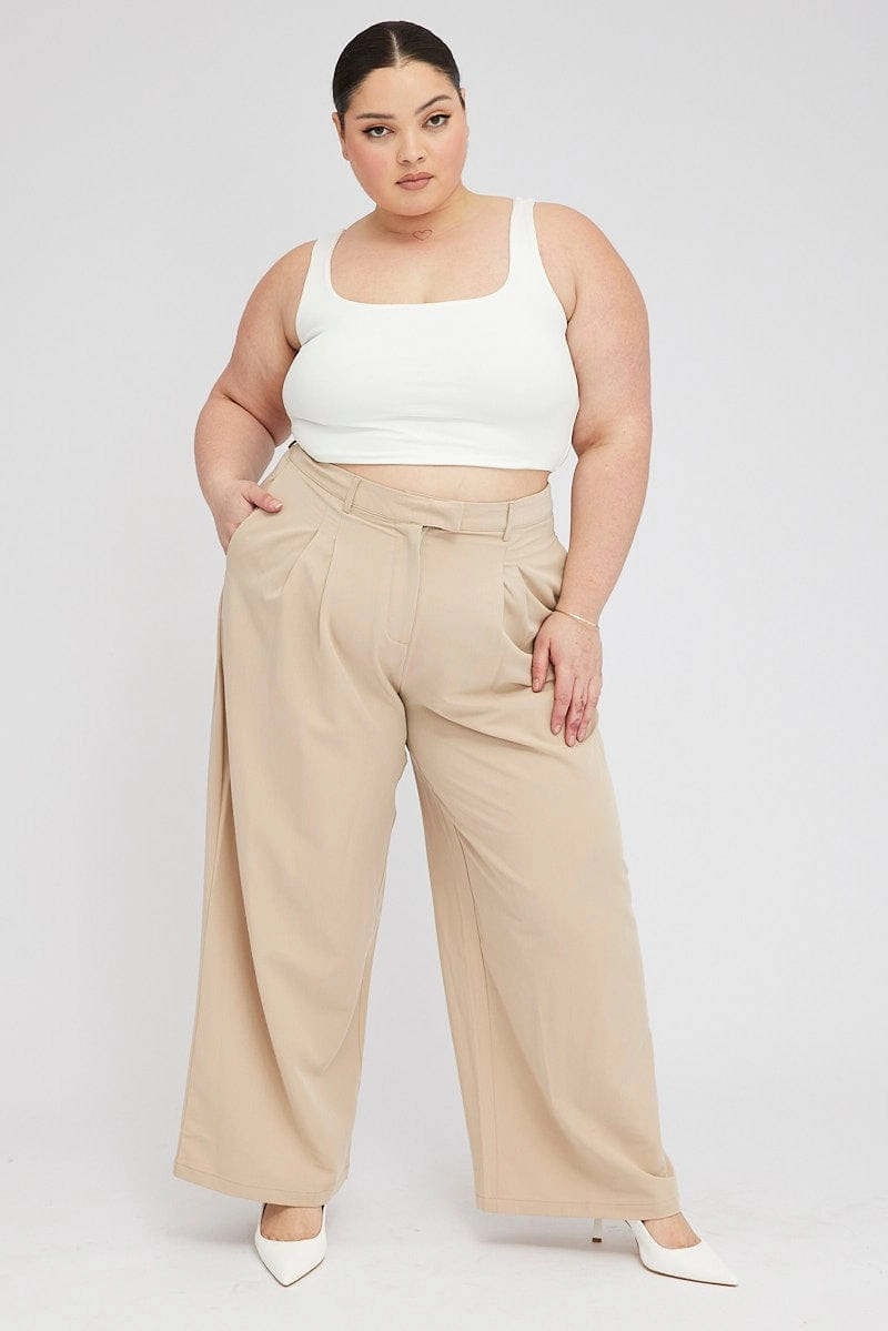 Ultra Soft Texture Beige Wide Leg Pants Tailored