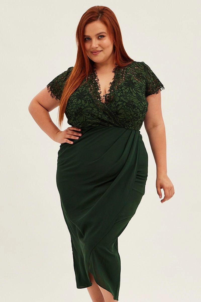 Silky Drape Green Midi Dress Short Sleeve Lace Top