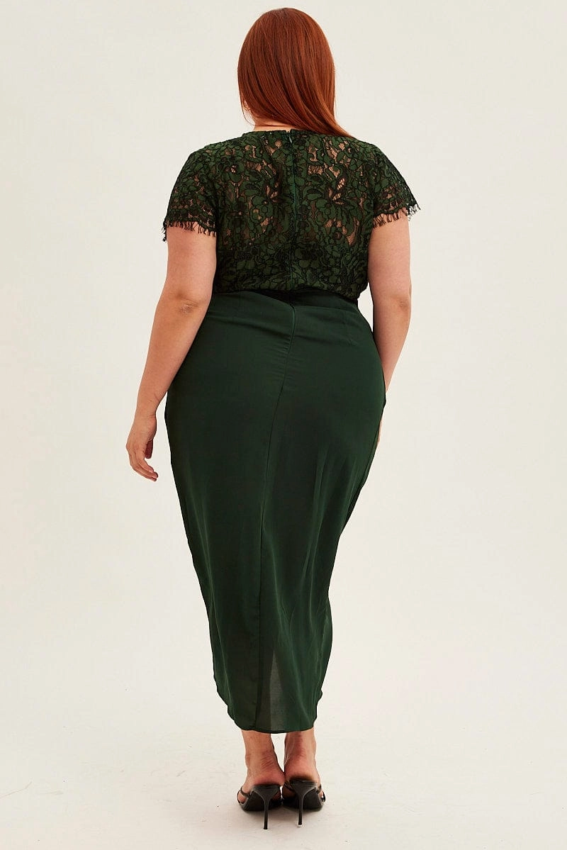 Green Midi Dress Short Sleeve Lace Top Indoor Event