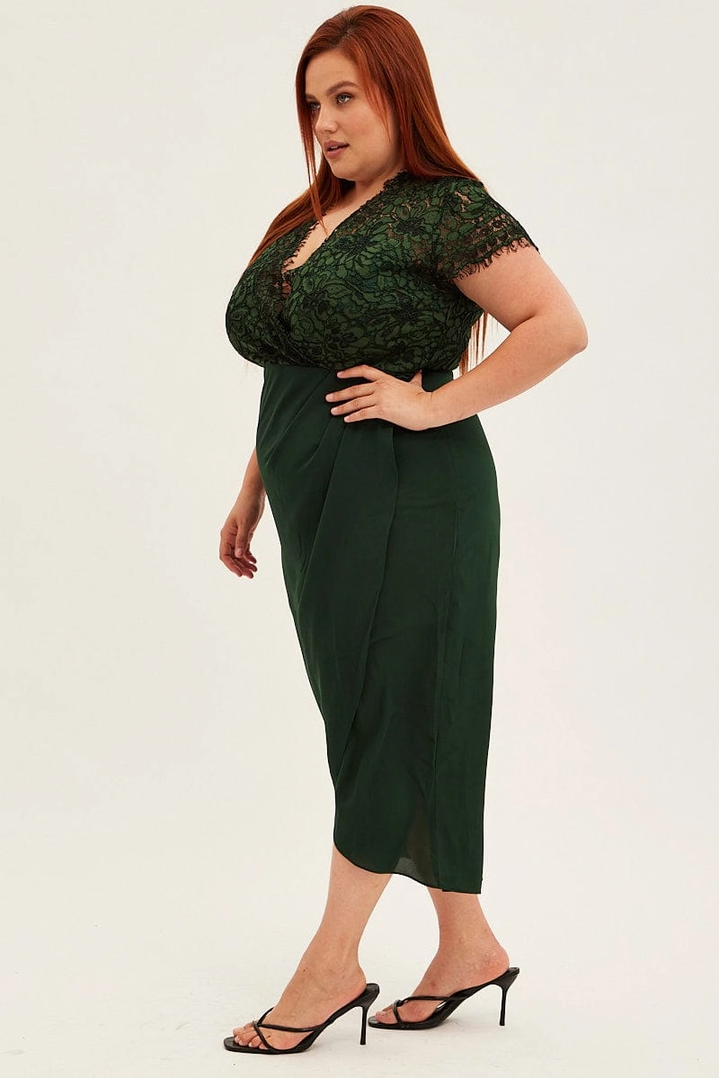 Quick-Dry Green Midi Dress Short Sleeve Lace Top