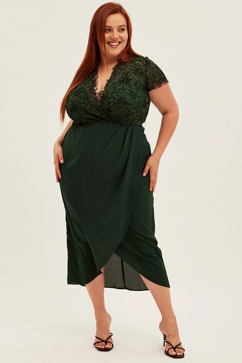 Silky texture Flexible Style Green Midi Dress Short Sleeve Lace Top