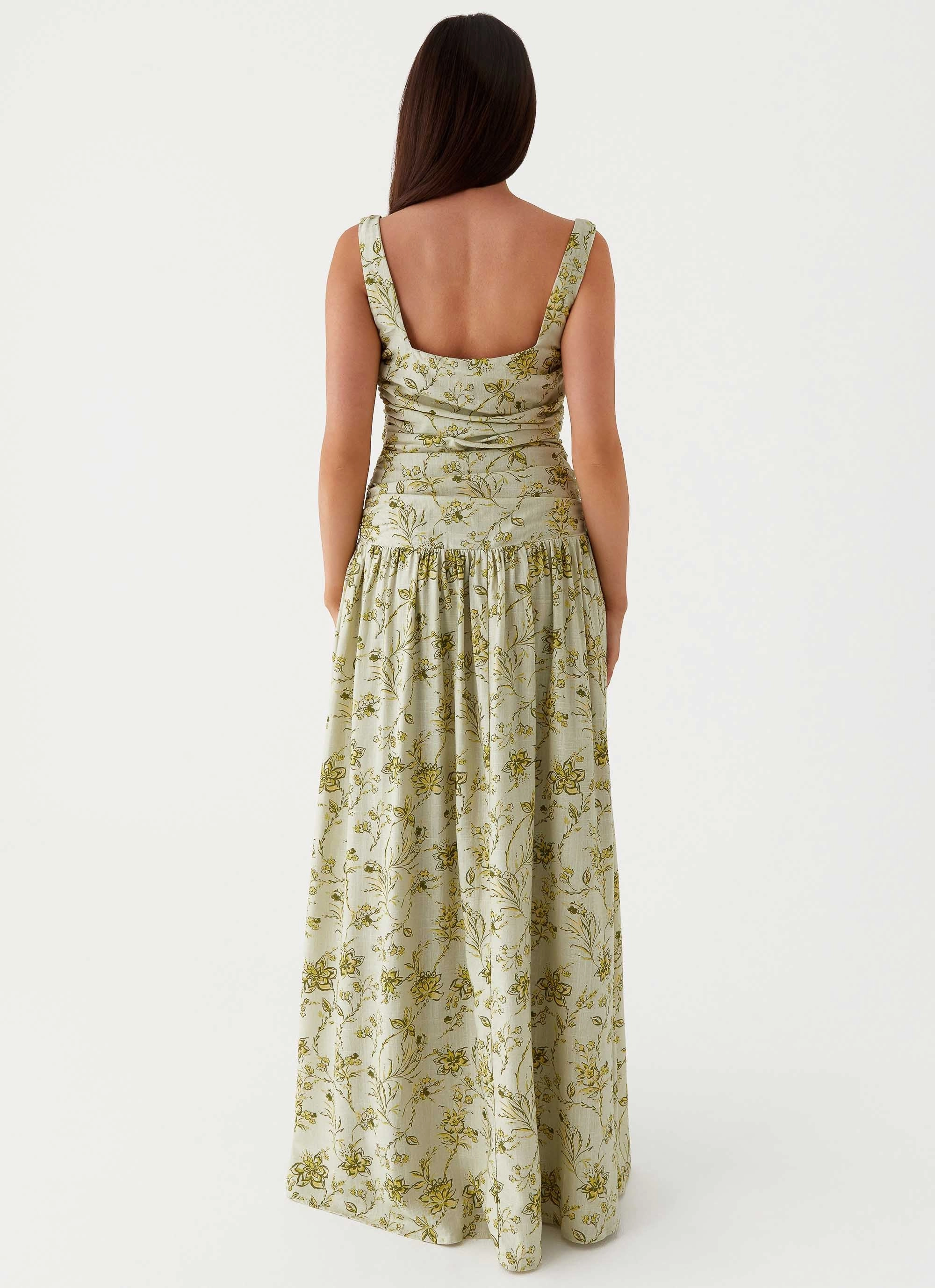 Zinna Linen Maxi Dress - Sage Floral Flawless Waist Fit