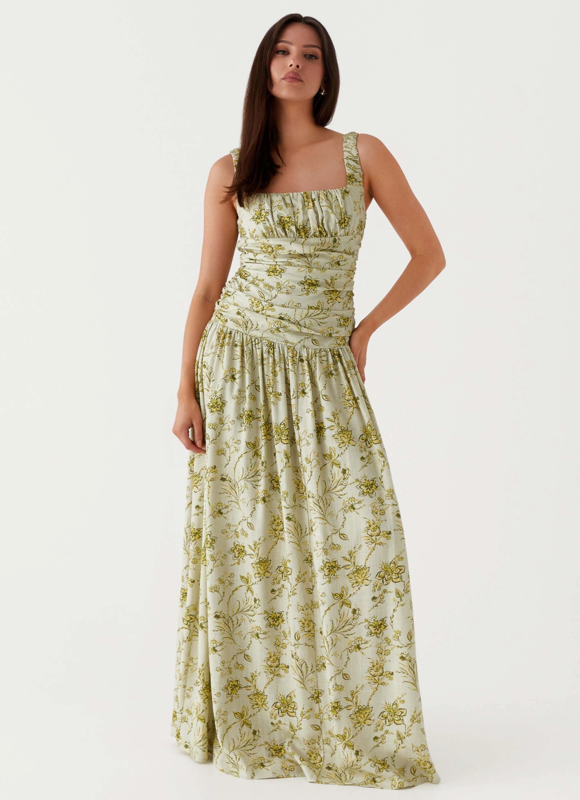 Versatile Cut Walkable Flow Zinna Linen Maxi Dress - Sage Floral