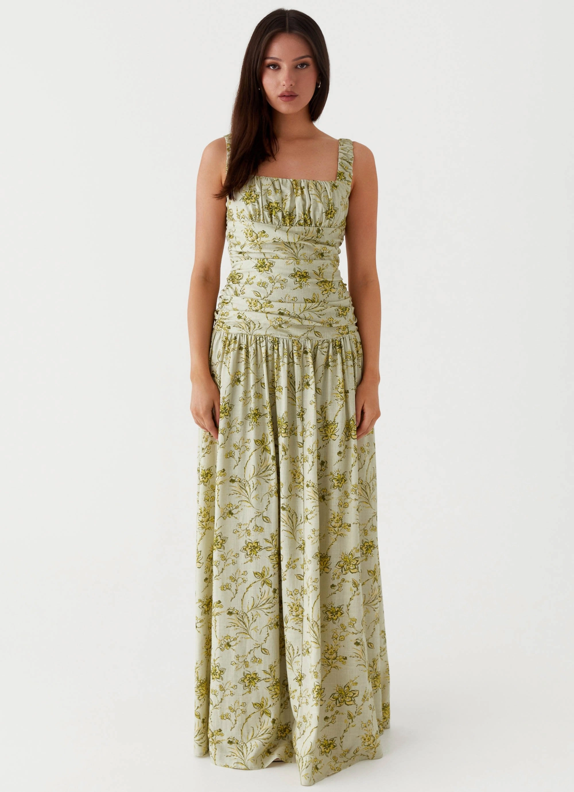 Skin Glow Romantic Soft Zinna Linen Maxi Dress - Sage Floral