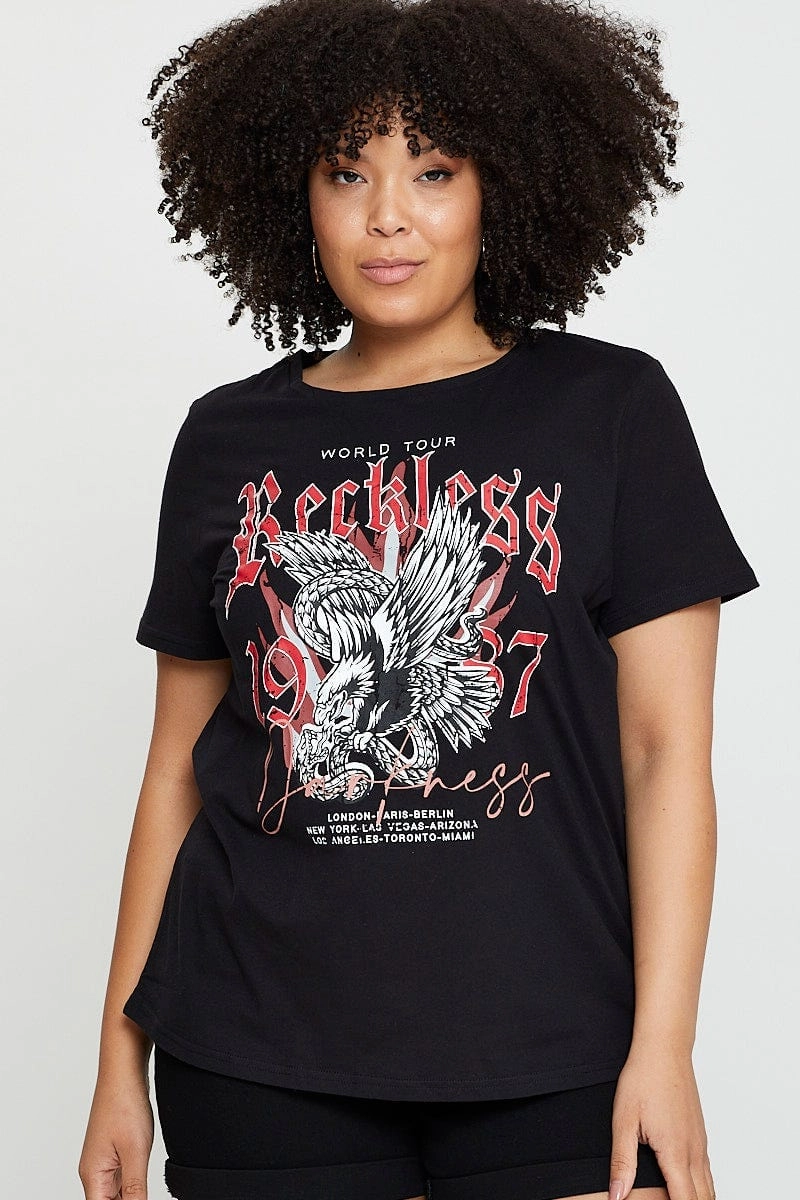 Black Graphic T-shirt Eagle Rock Crew Neck Short Sleeve Recycled Polyester Thread Breathable Performance Fit