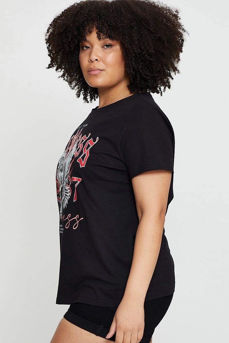 Black Graphic T-shirt Eagle Rock Crew Neck Short Sleeve Casual Layering Wear Spring Freshness