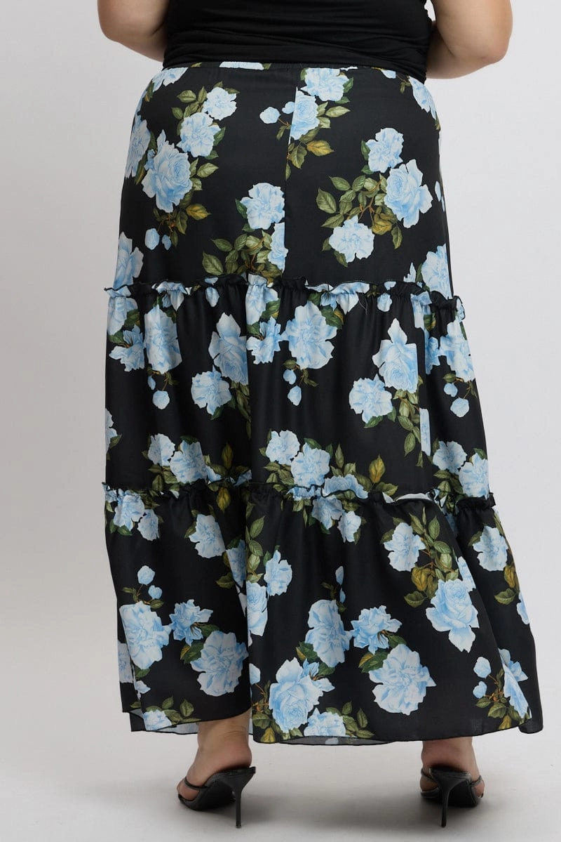 Black Floral Elastic Waist Tiered Maxiskirt Fashion Energy Back Slit