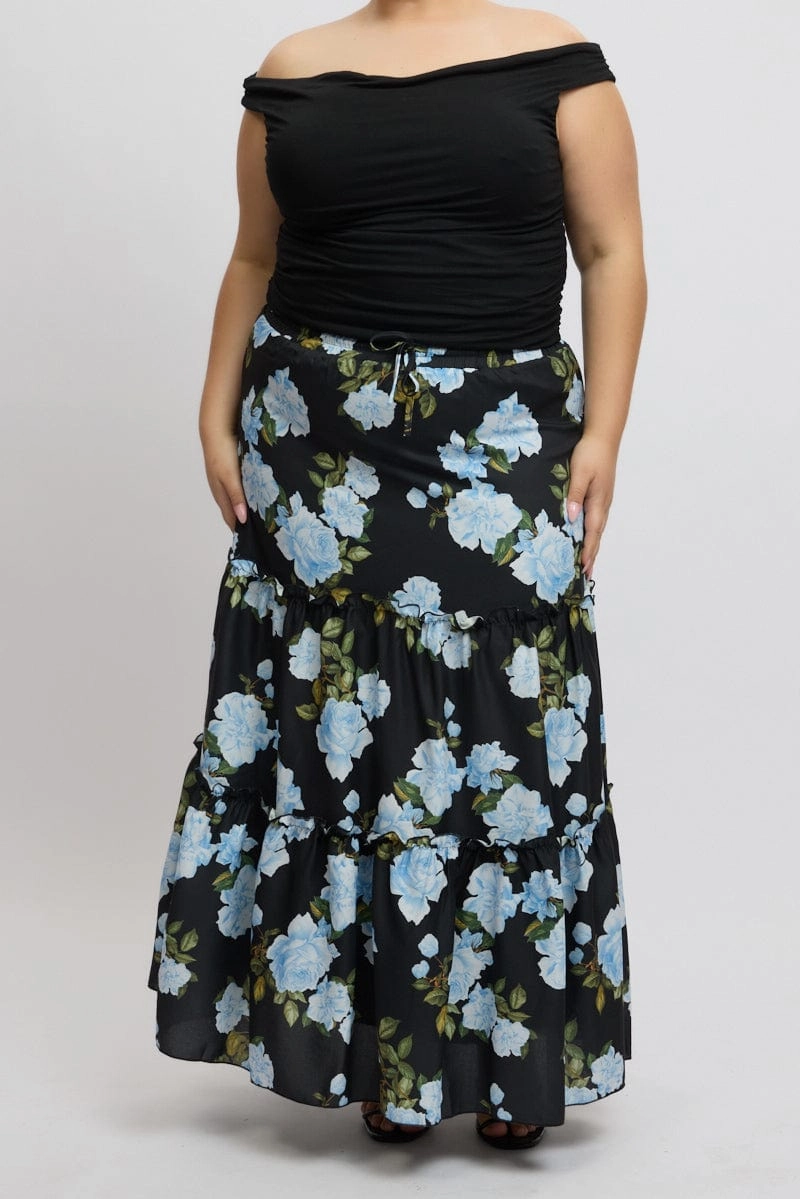 Playful Vibe Essential Style Black Floral Elastic Waist Tiered Maxiskirt