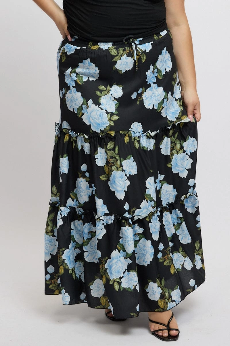 Texture Shot Black Floral Elastic Waist Tiered Maxiskirt