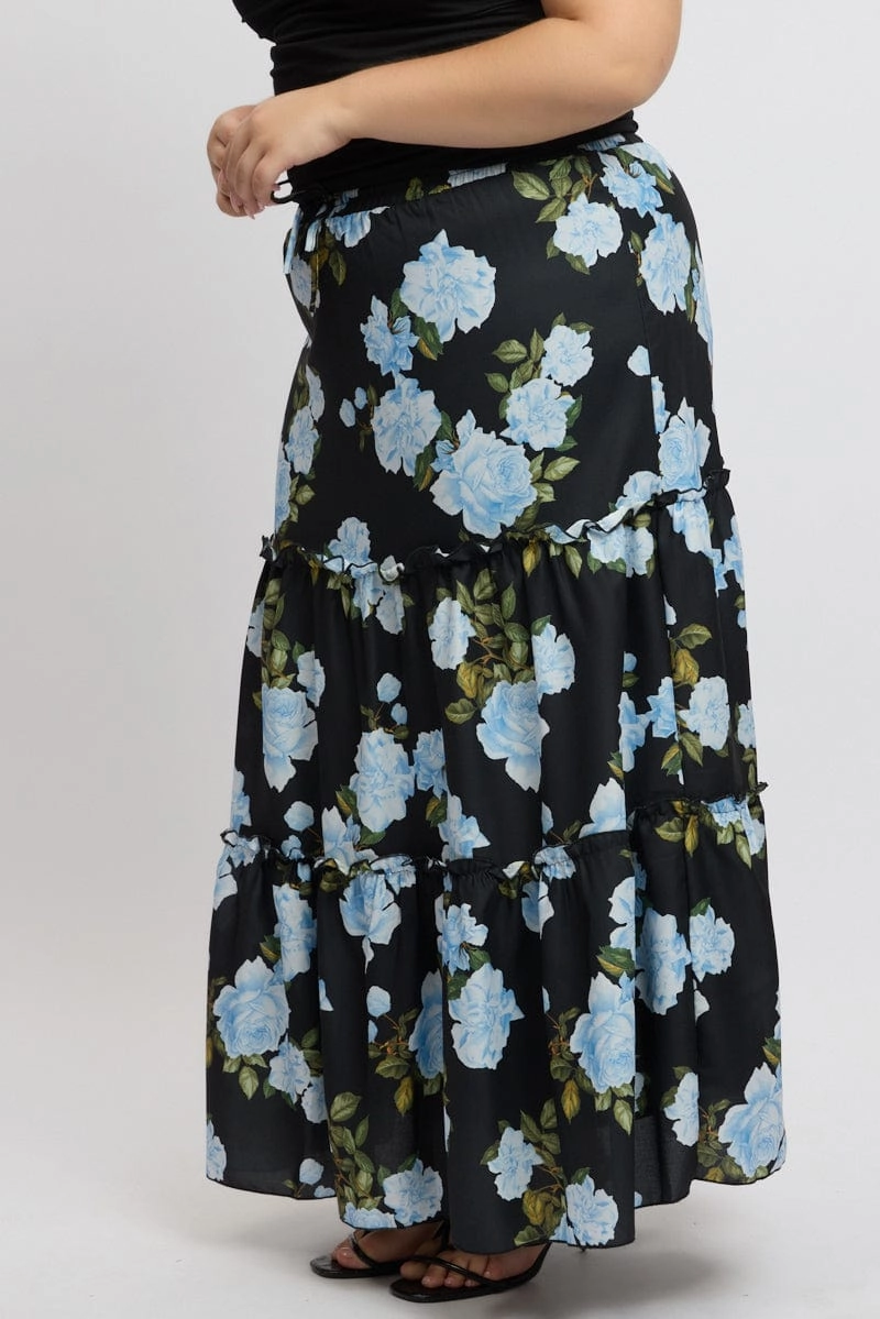 Influencer Style Black Floral Elastic Waist Tiered Maxiskirt