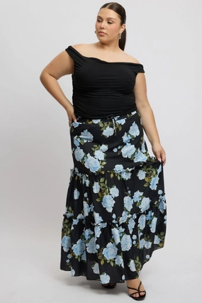 Stylist Pick Sequined Finish Black Floral Elastic Waist Tiered Maxiskirt