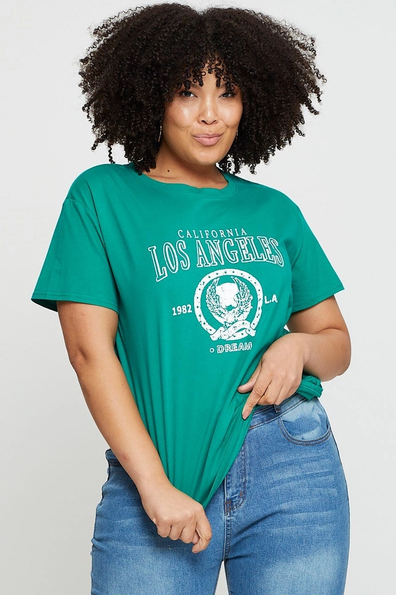 Timeless Style Lightweight Shirt Green Graphic T-shirt Los Angeles Short Sleeve Cotton