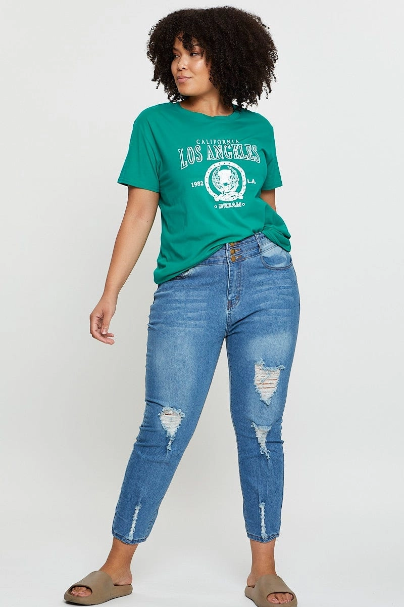Green Graphic T-shirt Los Angeles Short Sleeve Cotton Comfort Waist