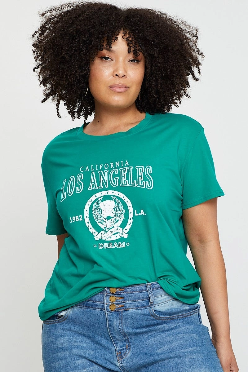 All-Purpose Comfort Recycled Polyester Thread Green Graphic T-shirt Los Angeles Short Sleeve Cotton