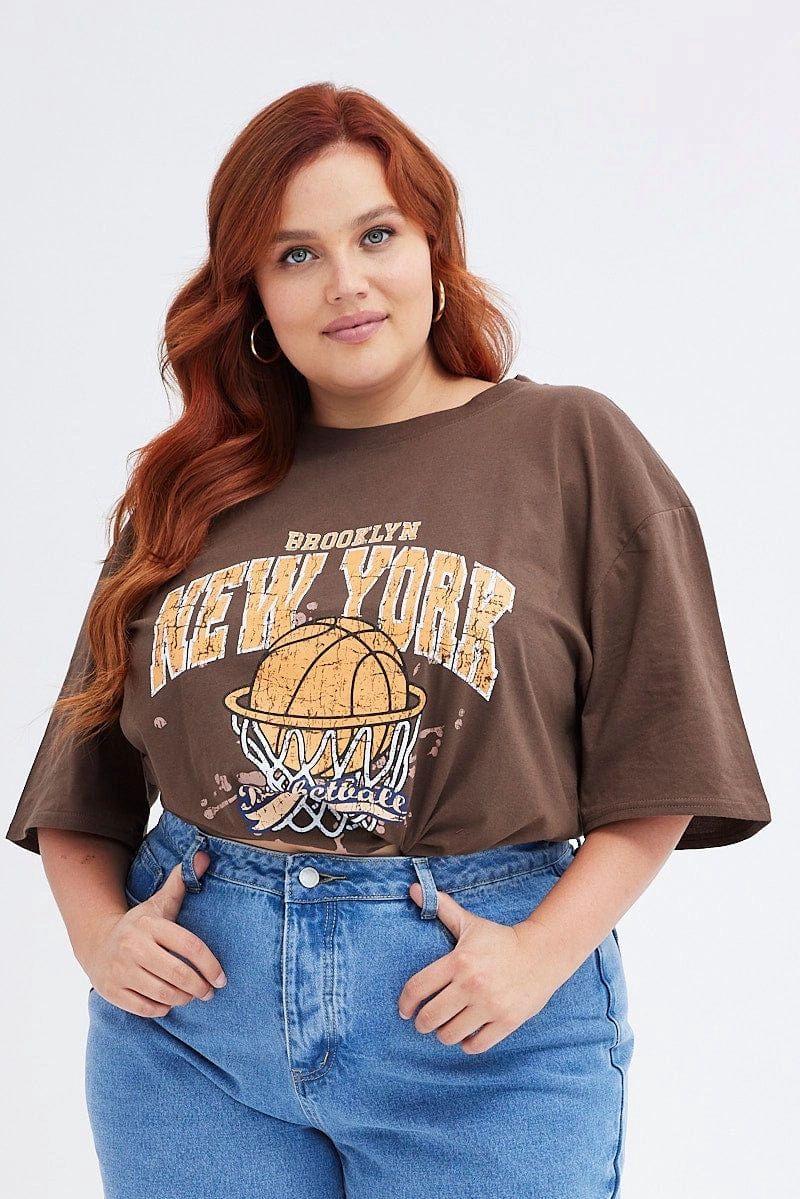 No Fade Technology Geometric Pattern Brown Graphic T-shirt Short Sleeve Crew Neck