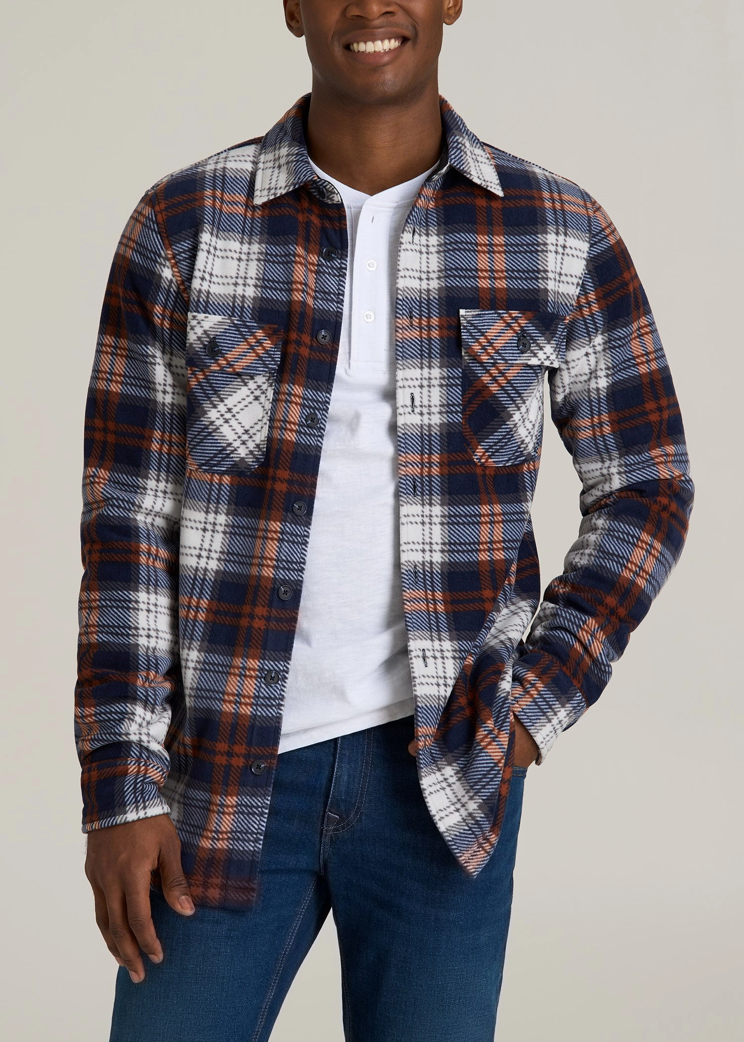 Thermal Insulation Layer FrictionResistant Edges Sherpa-Lined Fleece Overshirt for Tall Men in Navy & Orange Plaid