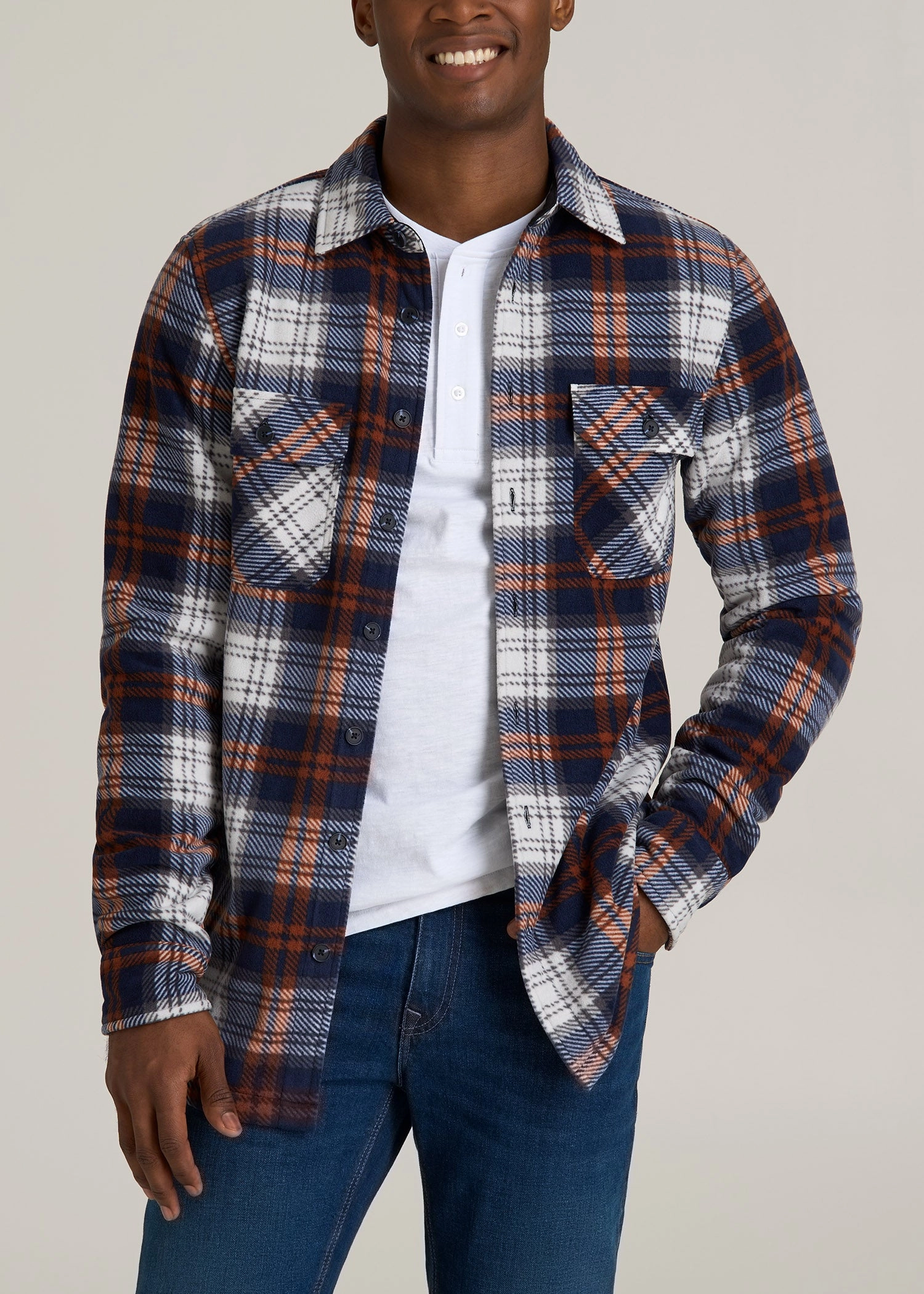 FullCut Shoulder Flexible Shoulder Gusset Sherpa-Lined Fleece Overshirt for Tall Men in Navy & Orange Plaid