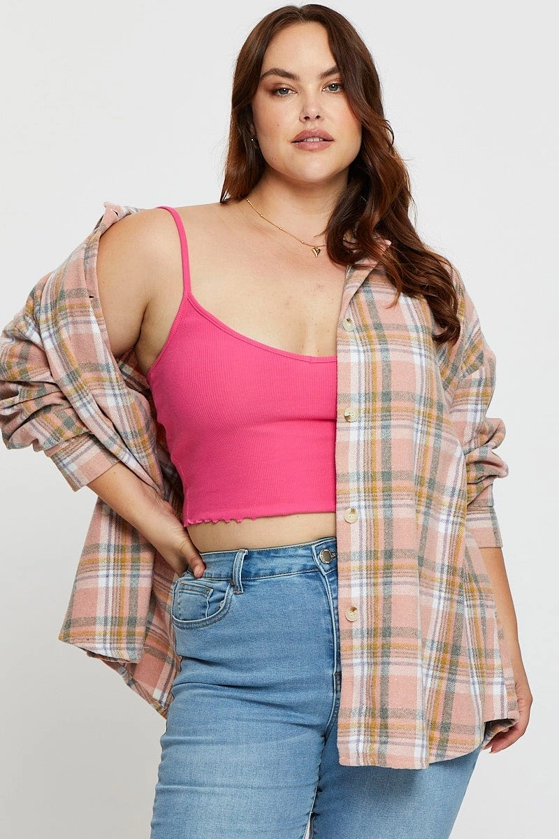 ReinforcedEdging Waist String Check Shacket Long Sleeve Button Front
