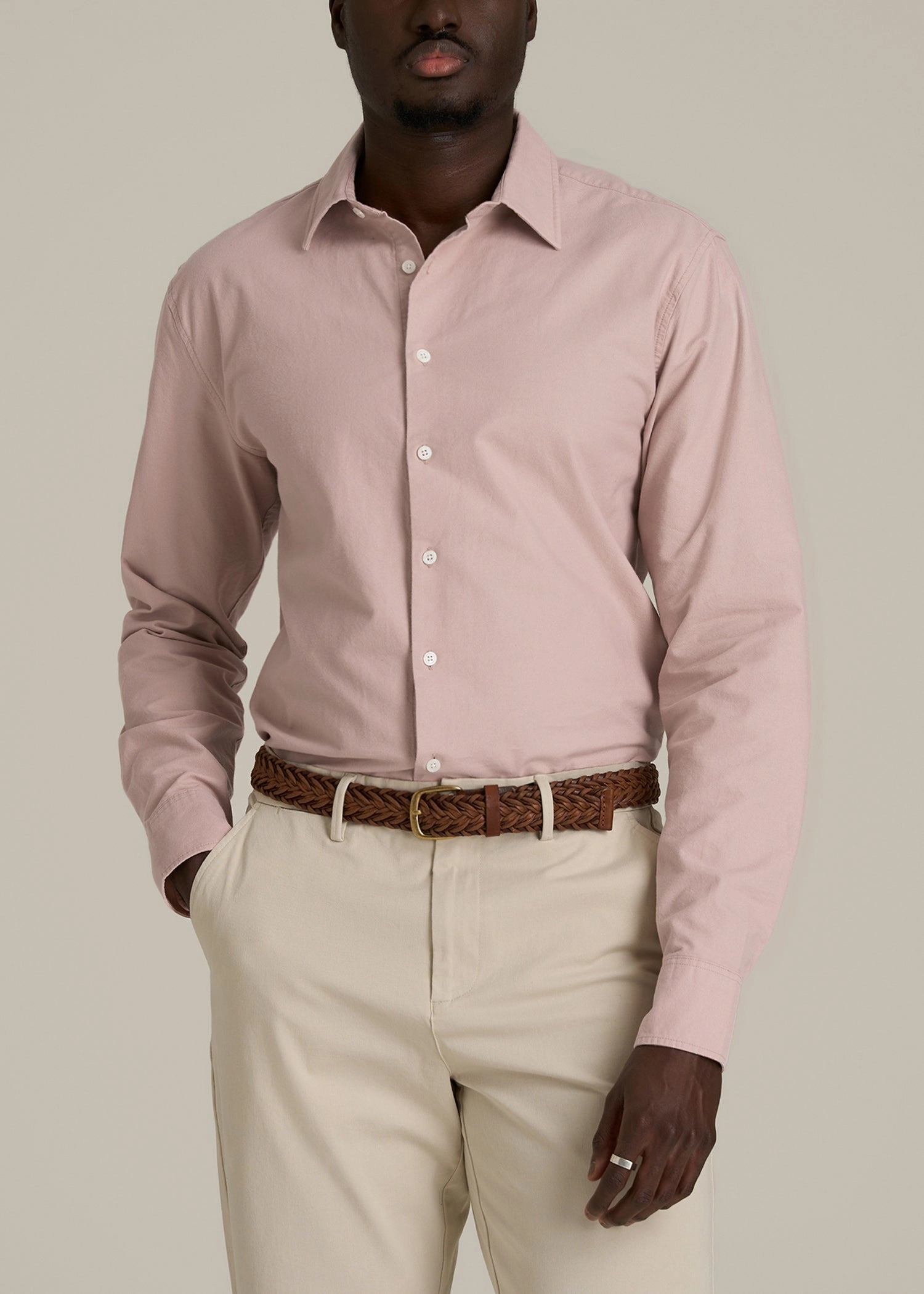 Self Fabric Tie Closure Pinpoint Oxford Shirt for Tall Men in Desert Rose