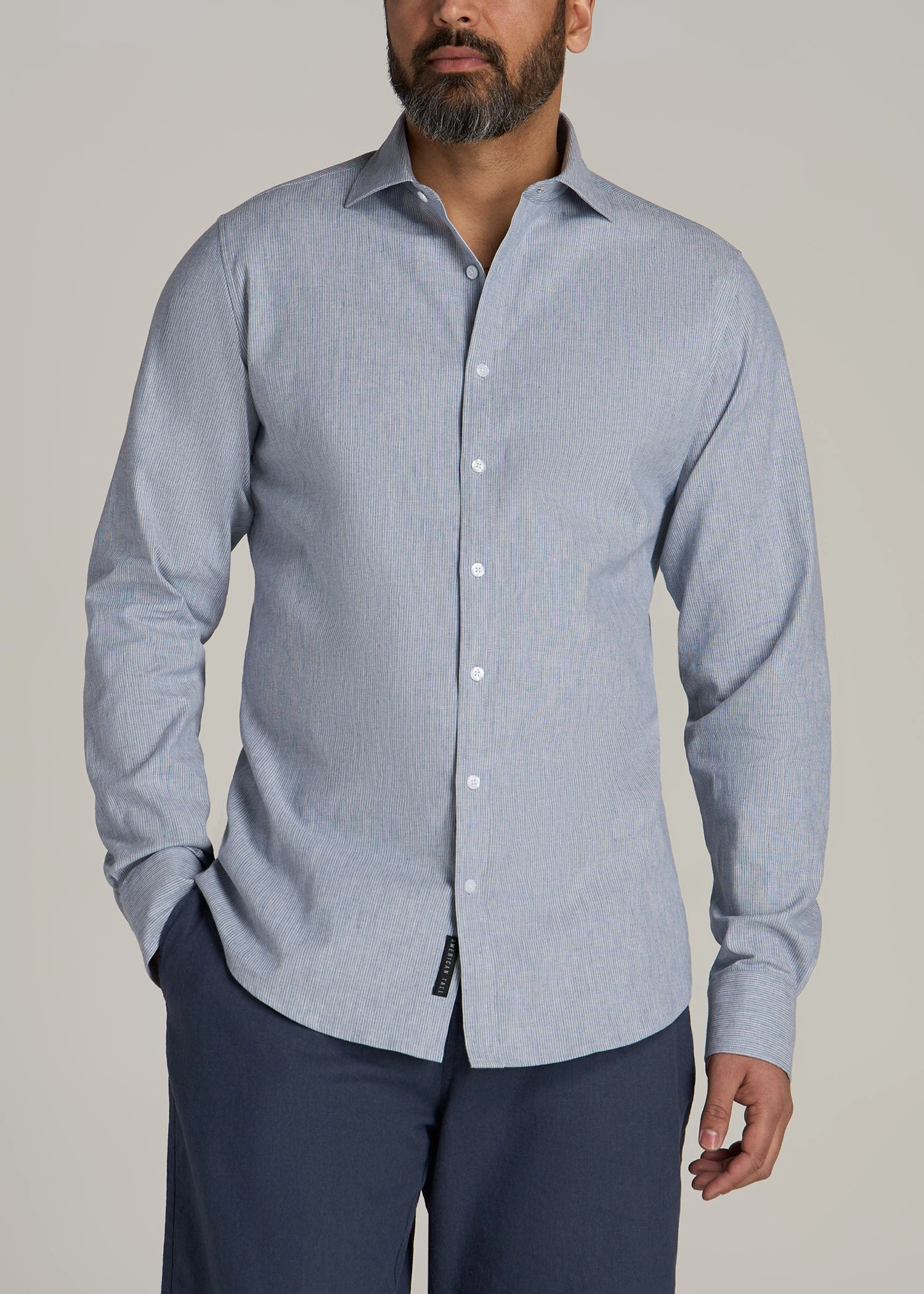 Active Tee Cozy Blouse Stretch Linen Dress Shirt for Tall Men in Blue and White Pinstripe