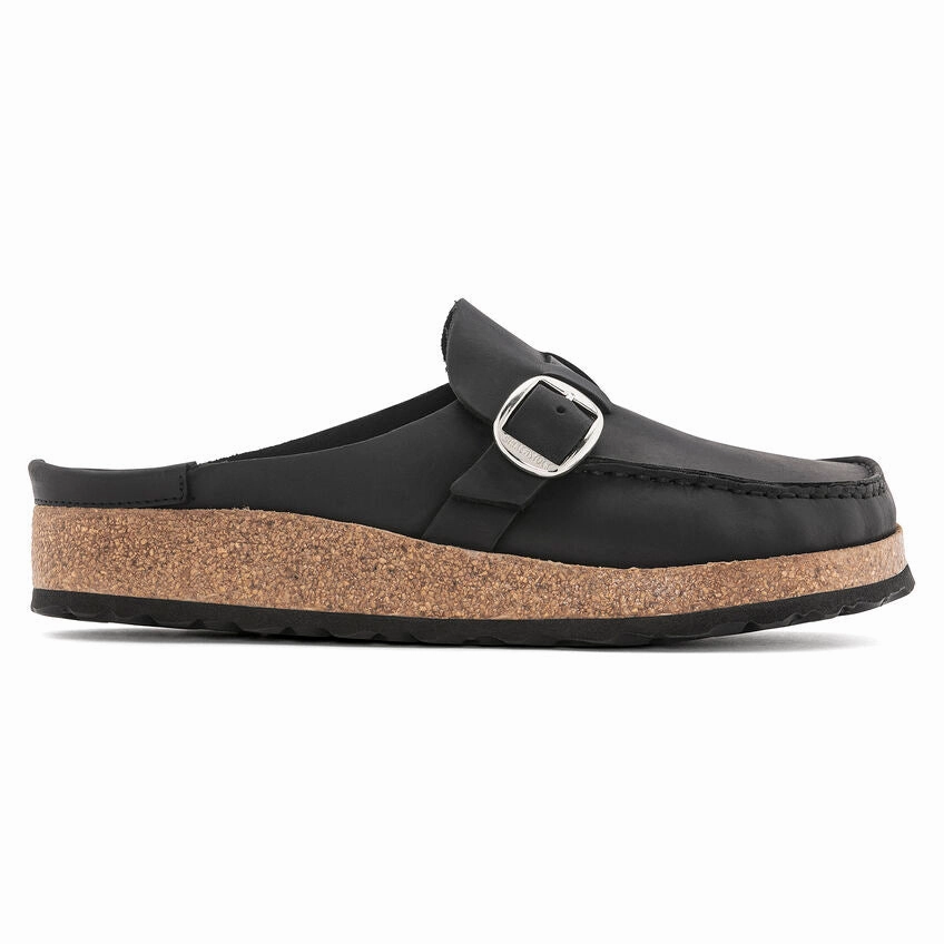 Birkenstock Women's Buckley Oiled Leather Clog - Black Flat Style Flexible Construction