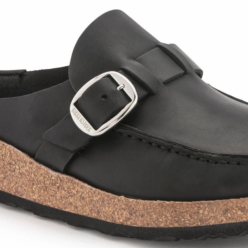 Birkenstock Women's Buckley Oiled Leather Clog - Black Hold Step Flexible Fabric