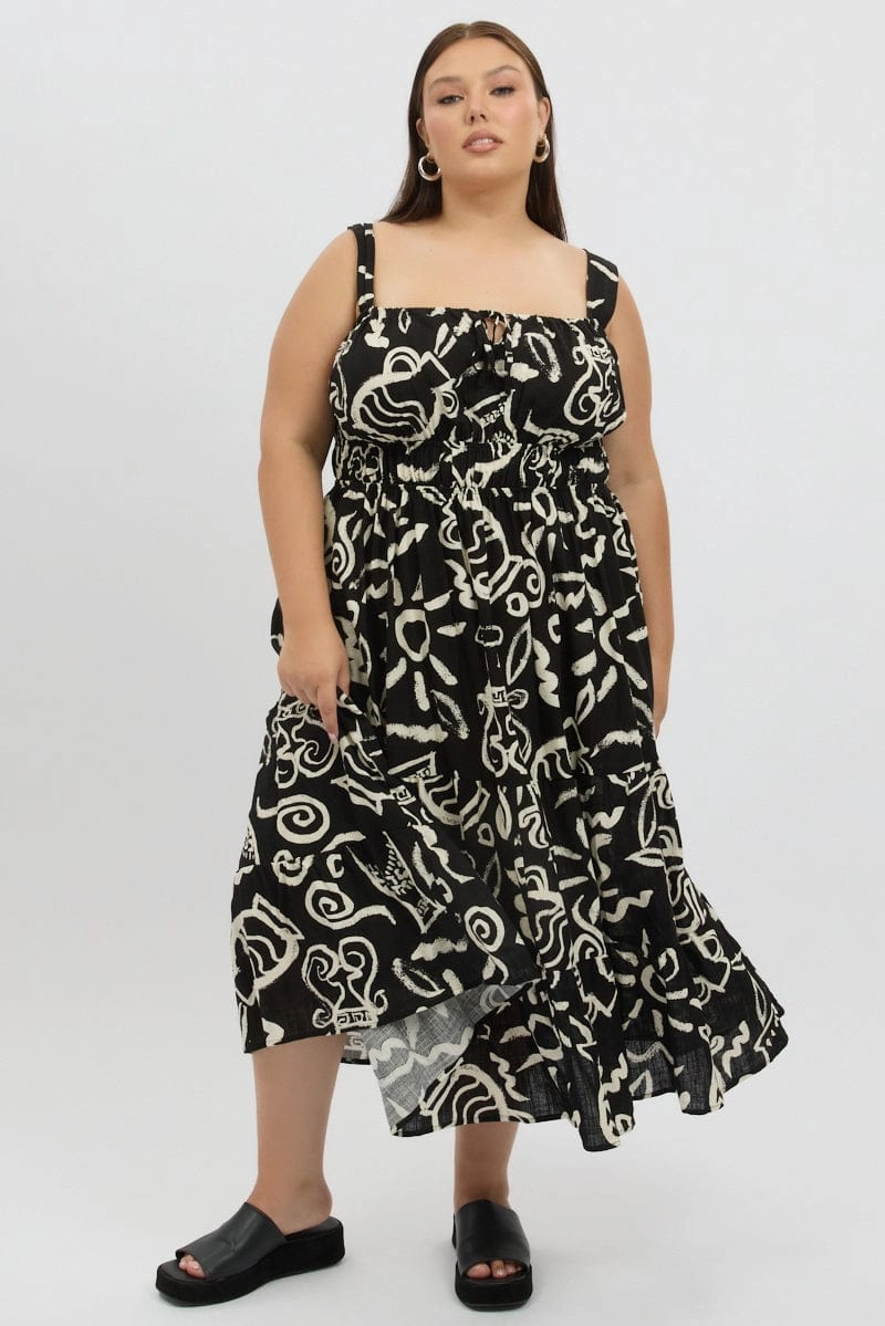 Underwire-Support Black Abstract Midi Dress Sleeveless Ruched Bust Tiered
