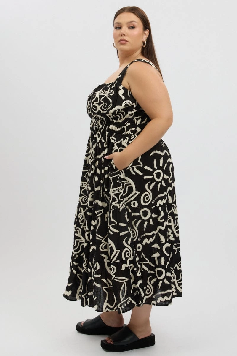 Black Abstract Midi Dress Sleeveless Ruched Bust Tiered Neutral Mood Coffee Break