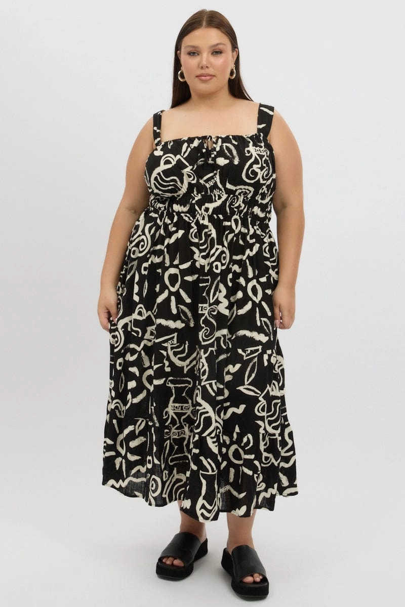 Euro Ease Black Abstract Midi Dress Sleeveless Ruched Bust Tiered