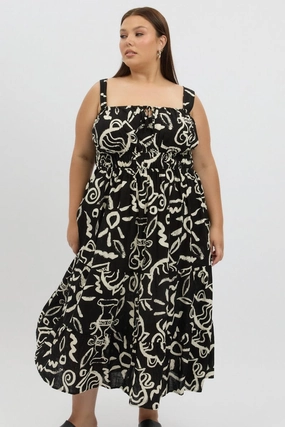 Event Mood Festival Mood Black Abstract Midi Dress Sleeveless Ruched Bust Tiered