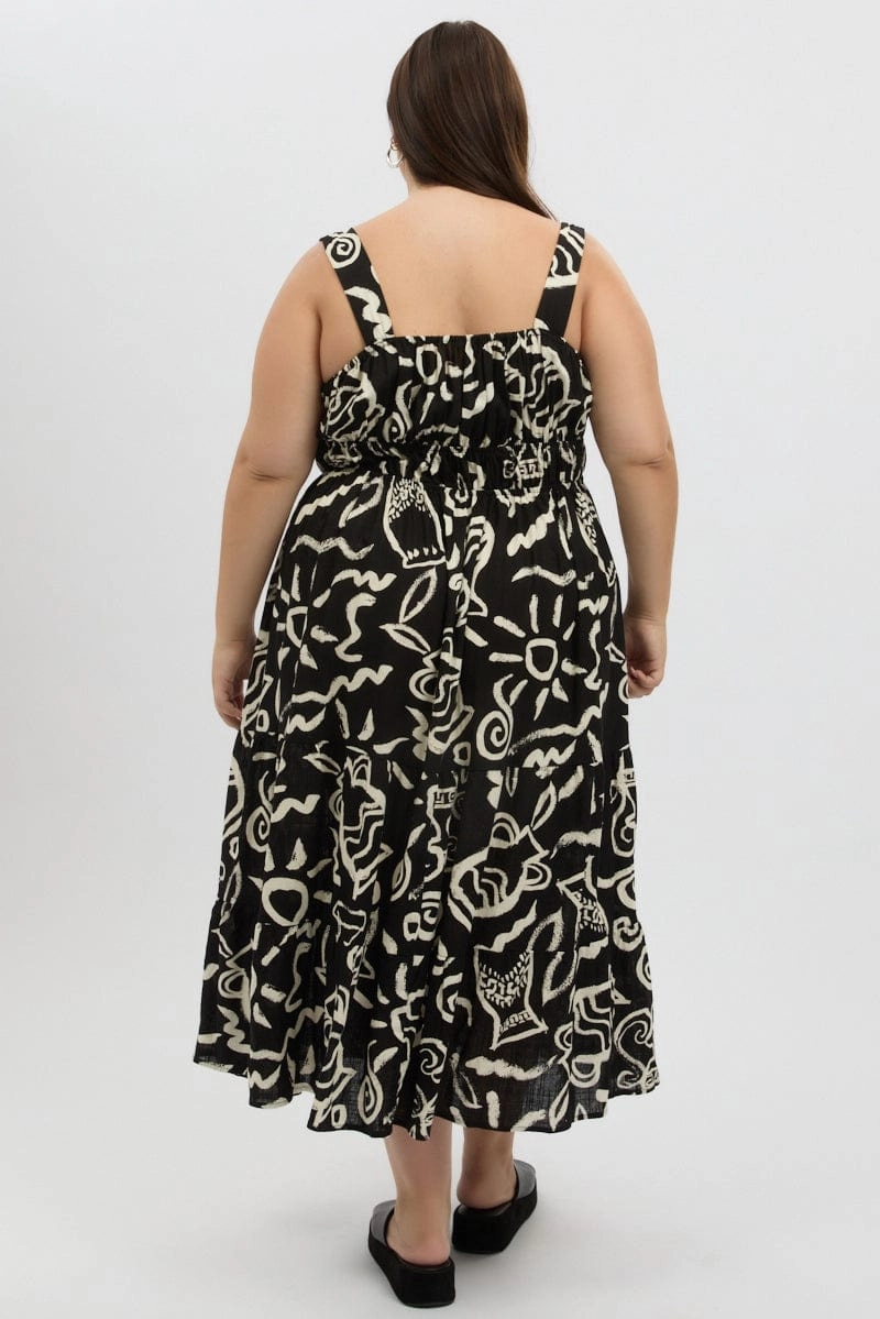 Texture Softness Rose Soft Black Abstract Midi Dress Sleeveless Ruched Bust Tiered