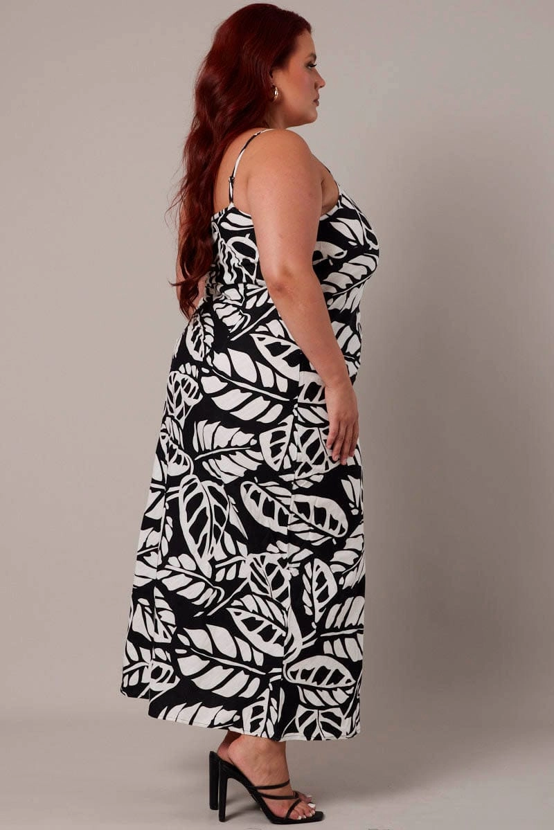 Grace Walk Classic-style Black Abstract Midi Slip Dress Linen Blend