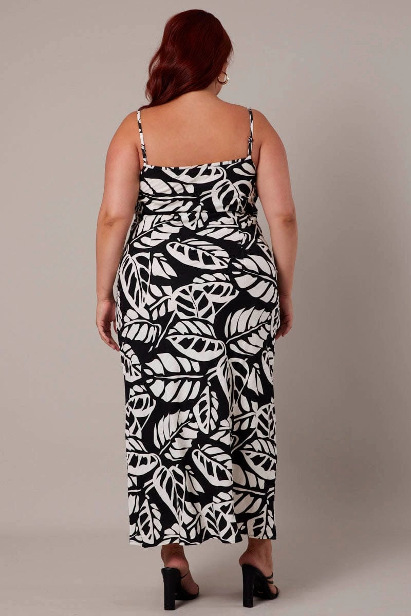Black Abstract Midi Slip Dress Linen Blend Cool Touch Evening Ready