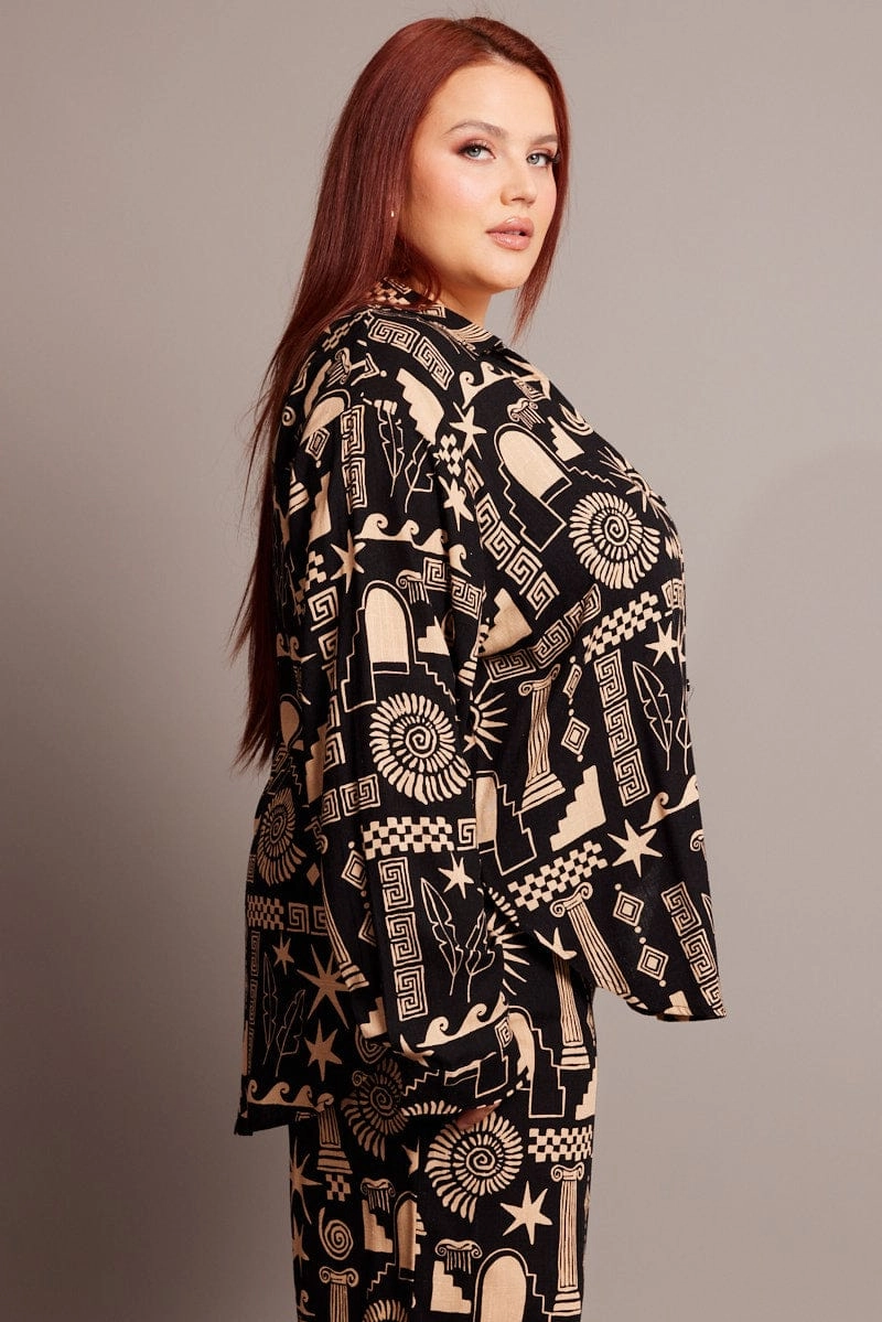 Designer Touch Loose style Black Abstract Relaxed Shirt Long Sleeve