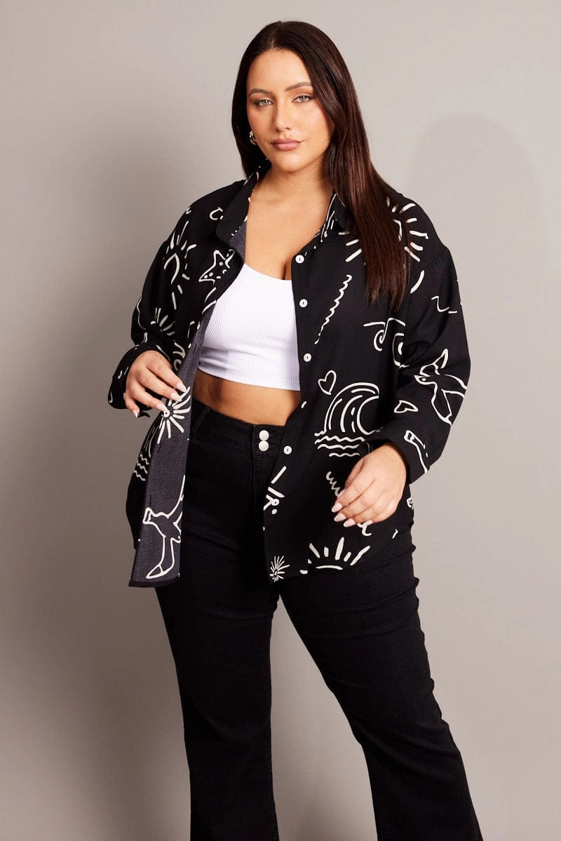 Wrinkle-Resistant Black Abstract Relaxed Shirt Long Sleeve