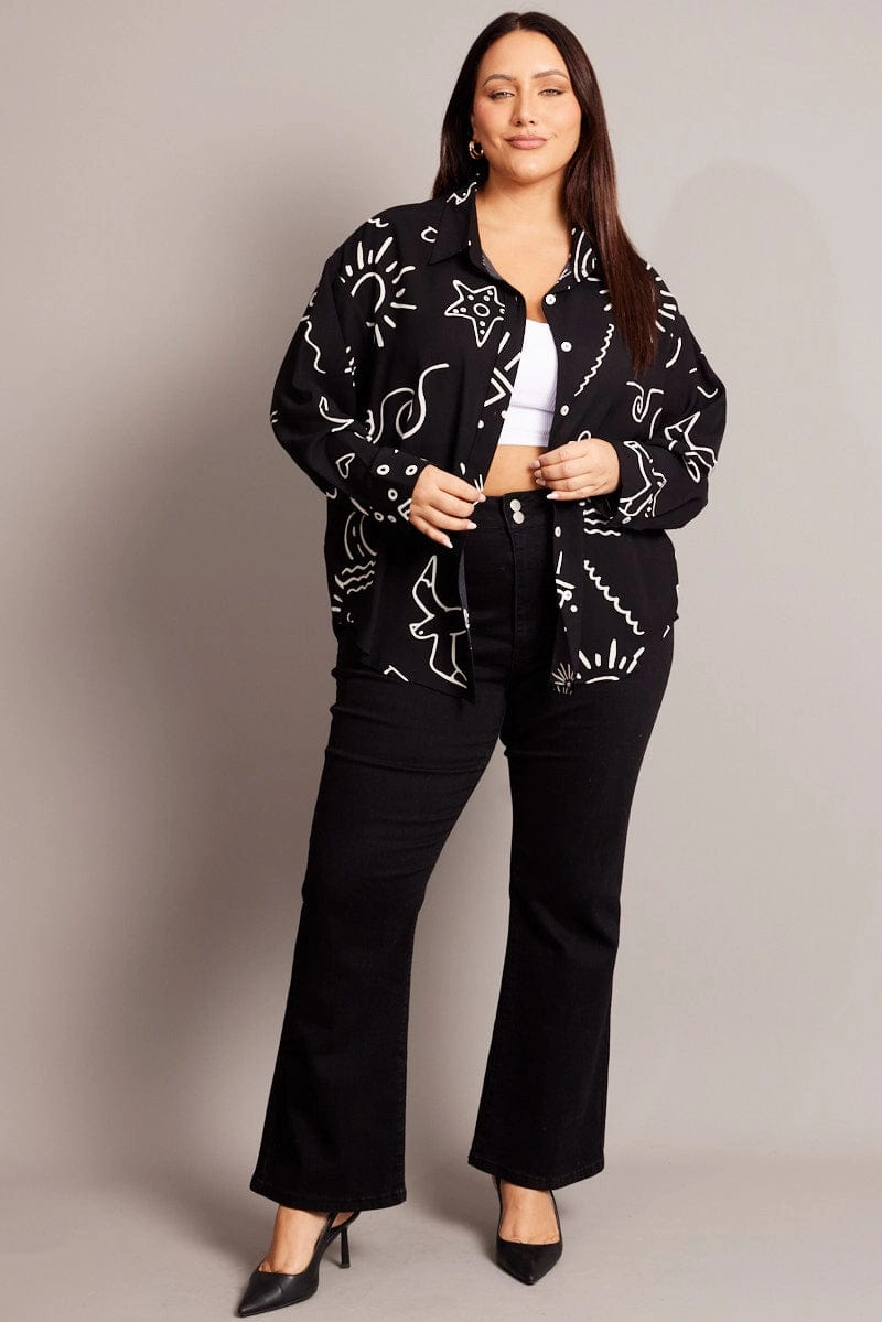 Street Wear Black Abstract Relaxed Shirt Long Sleeve