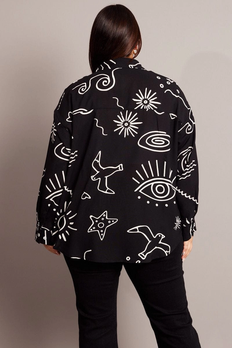 Black Abstract Relaxed Shirt Long Sleeve Breathable Comfort
