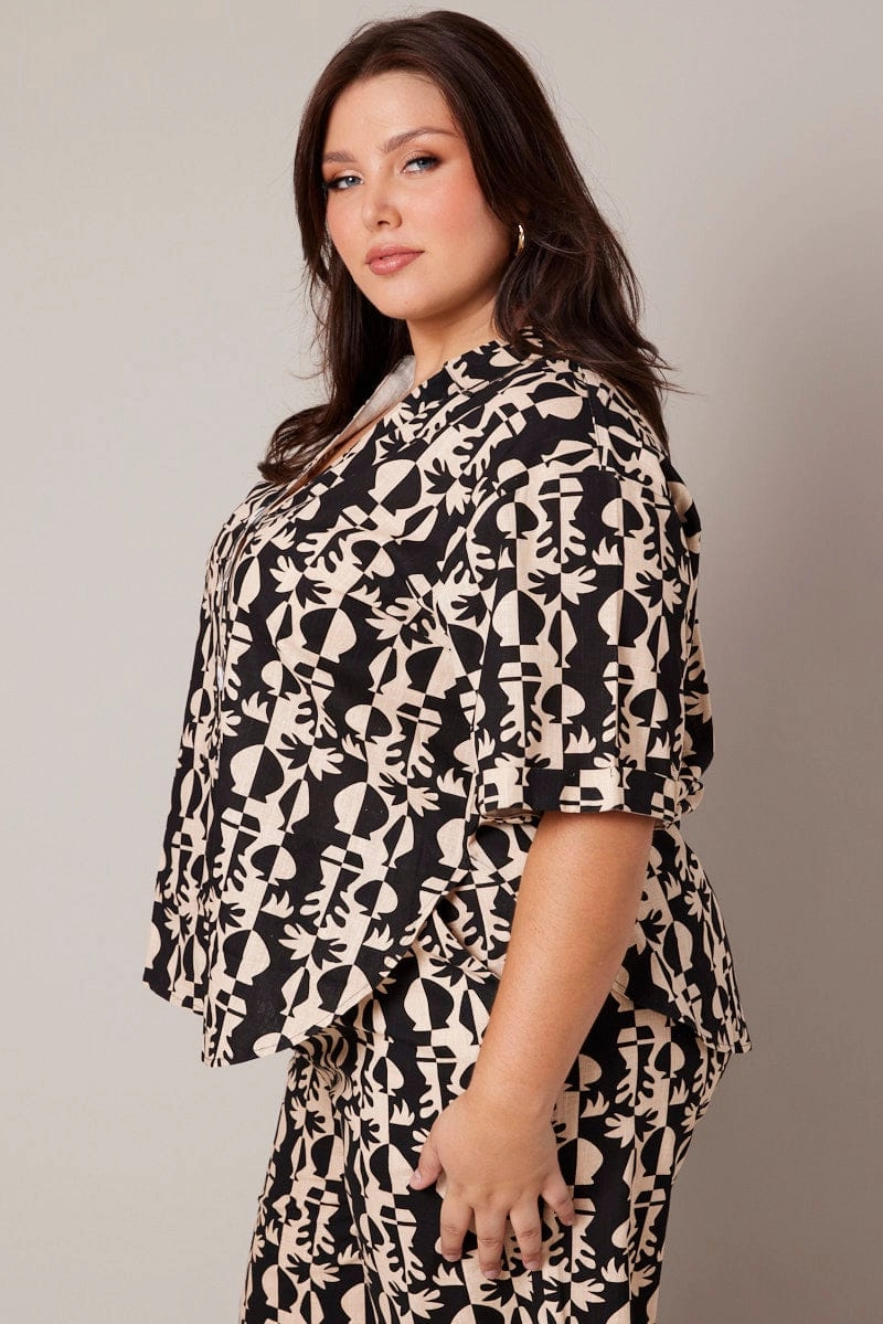 Black Abstract Relaxed Shirt Short Sleeve Linen Blend Seasonal Fashion Camouflage Style