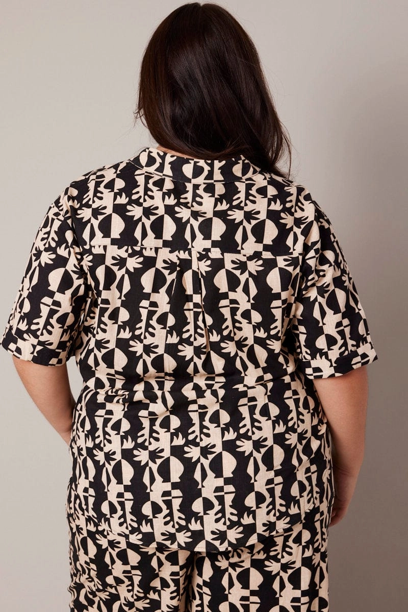 Black Abstract Relaxed Shirt Short Sleeve Linen Blend Printed Pattern Weekend Vibes