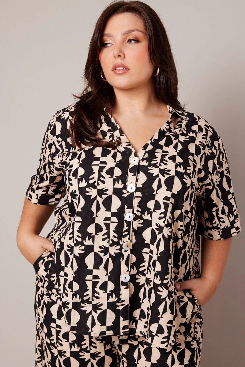 Adjustable Hem Black Abstract Relaxed Shirt Short Sleeve Linen Blend
