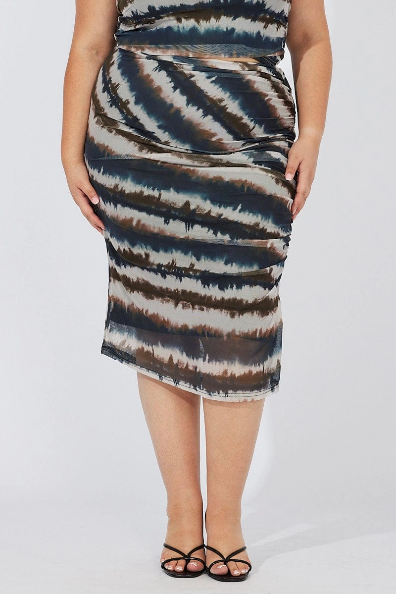 Black Abstract Ruched Split Mesh Skirt Hand Stitched Washable fabric