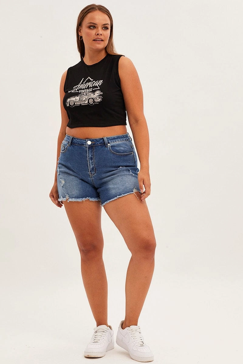 Black American Car Sleeveless Contrast Graphic Tank Top Stretch Fabric Technology