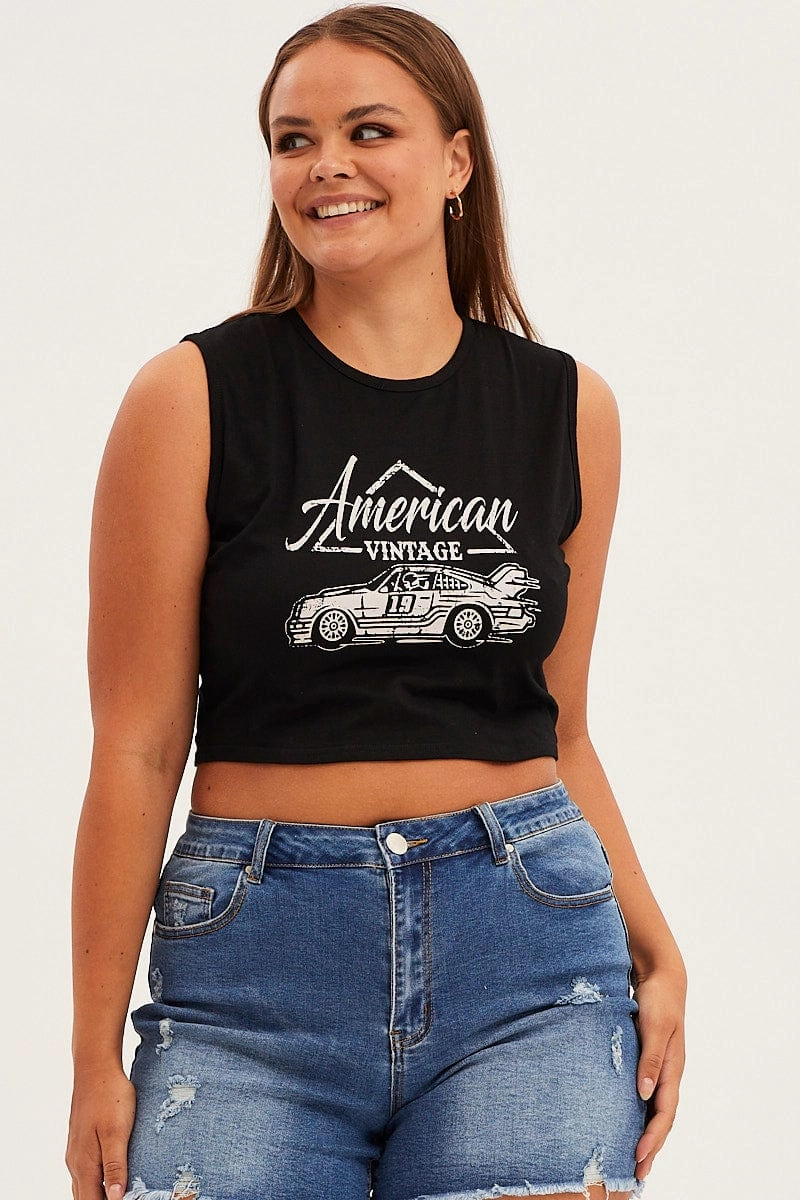 Black American Car Sleeveless Contrast Graphic Tank Top Classic Layer Wear Playful Prints