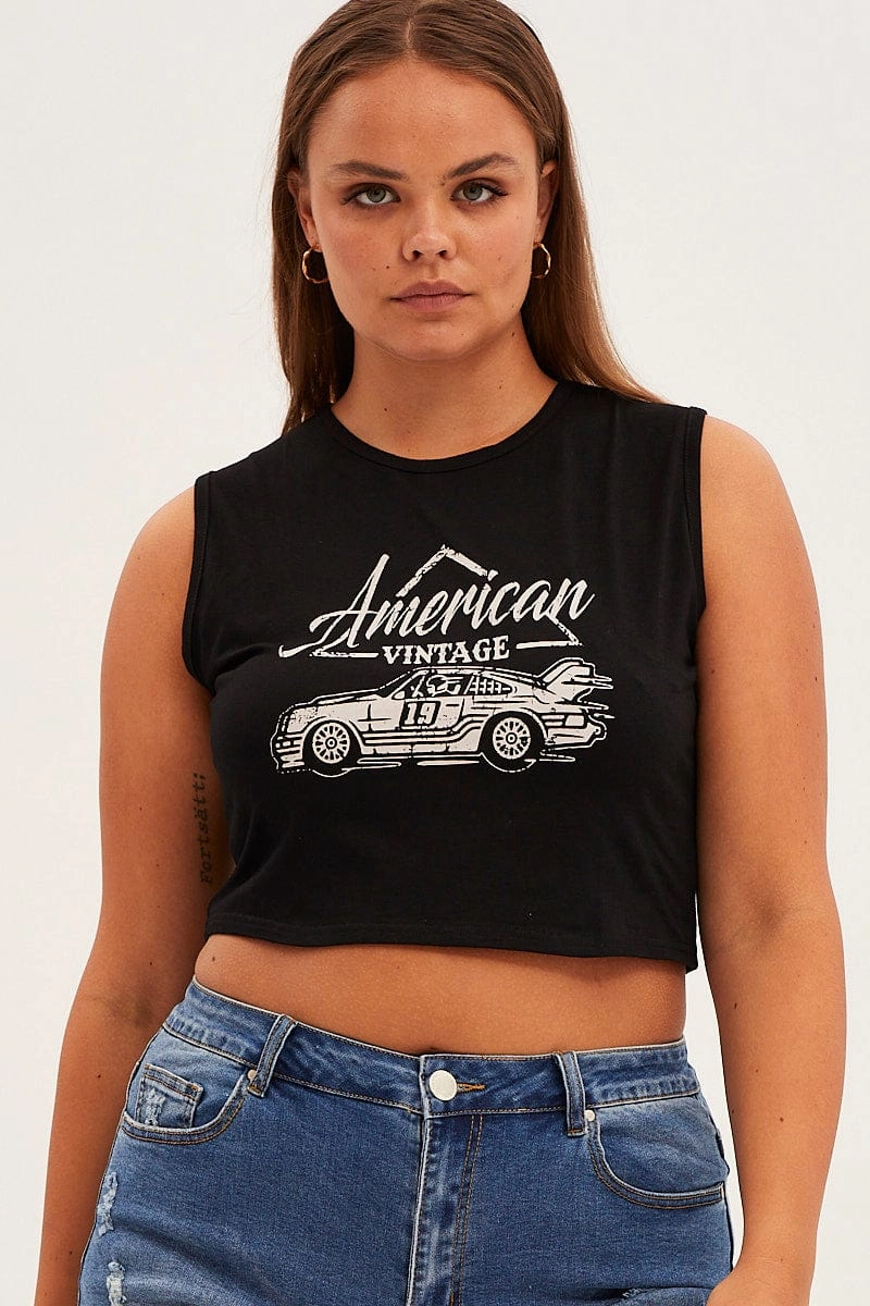 Black American Car Sleeveless Contrast Graphic Tank Top Comfort and Fit WrinkleResistant