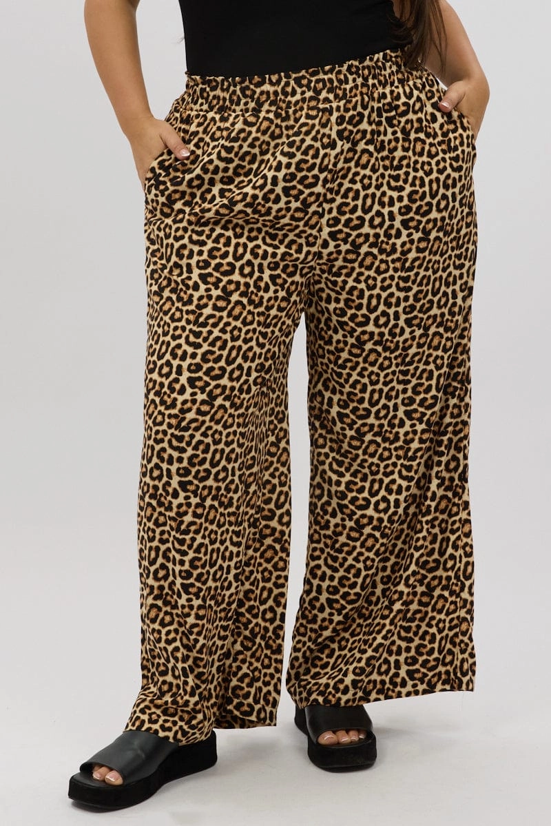 Black Animal Print Wide Leg Elastic Waist Pants Comfy Cut