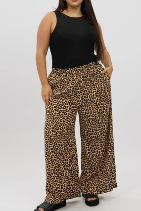 Black Animal Print Wide Leg Elastic Waist Pants Tough Stretch